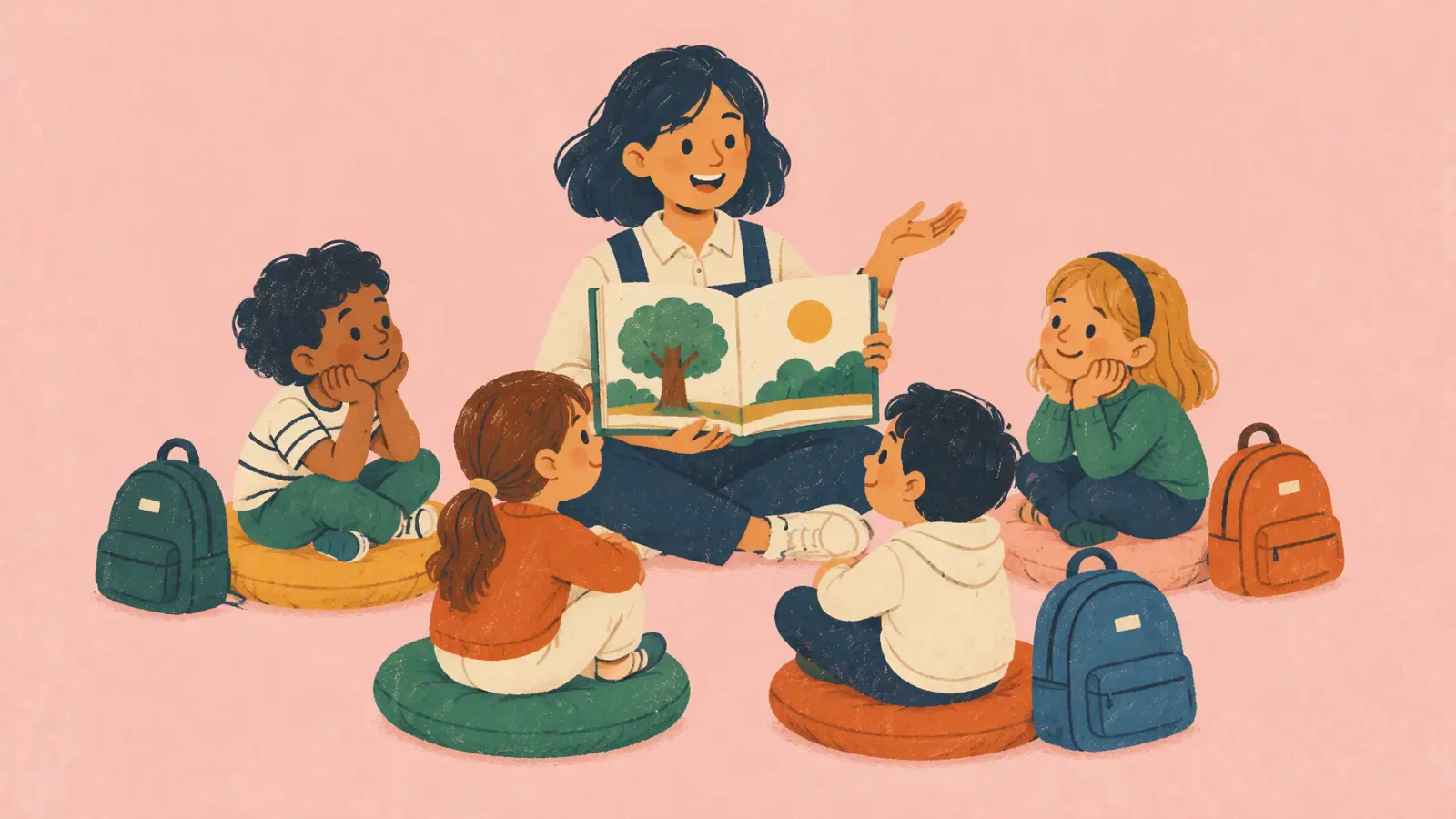 Ilustración pintada de una profe que lee un cuento a un corro de niños con sus mochilas al lado, sobre fondo rosa suave.