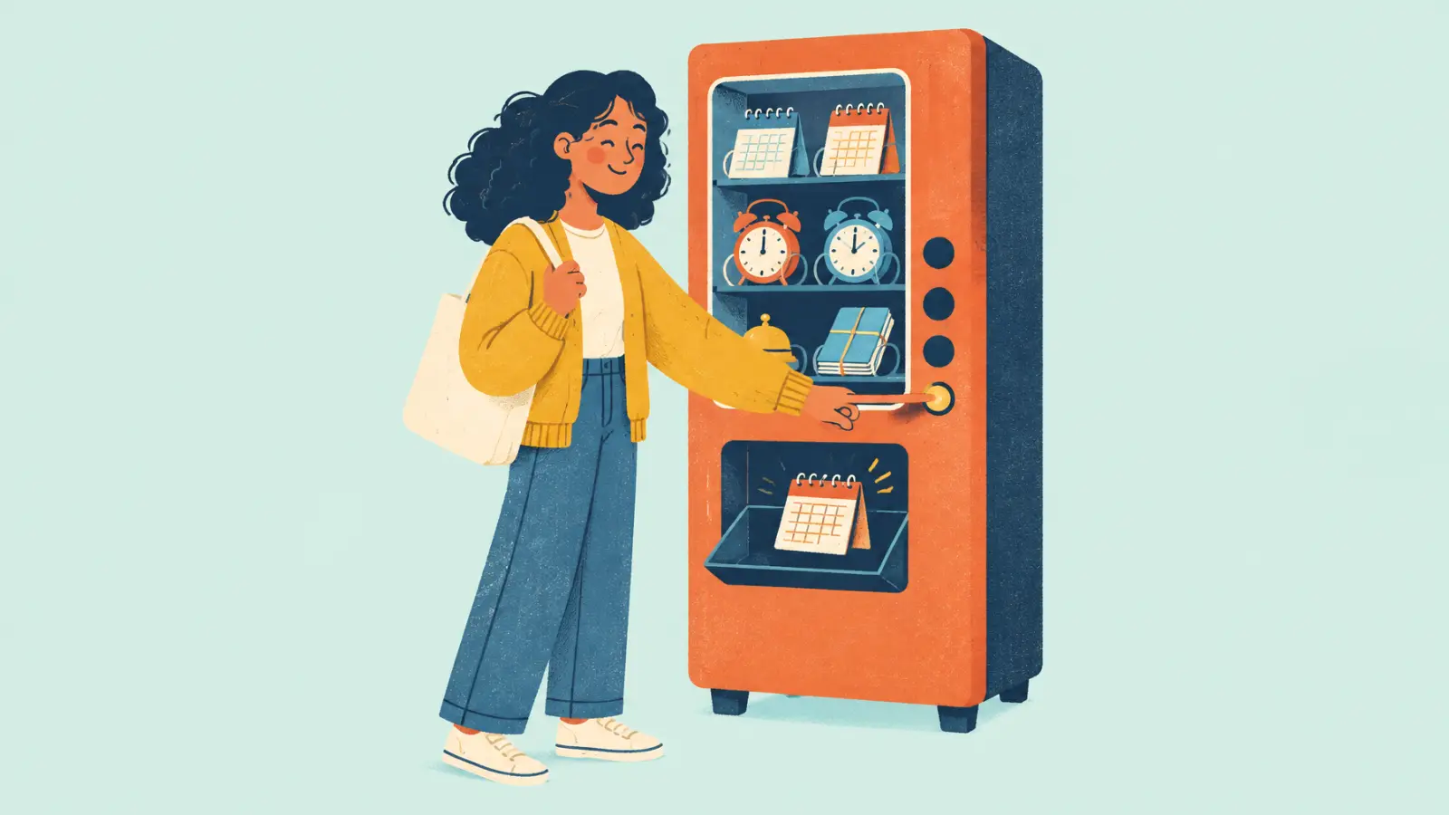 Ilustración pintada de una profe pulsando un botón en una máquina expendedora naranja llena de calendarios y despertadores, mientras cae un calendario de mesa en la bandeja