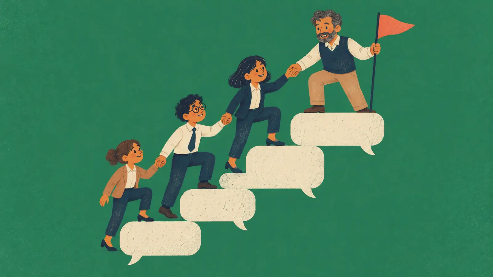 Painted illustration of a teacher guiding three office workers up a ladder of speech bubbles toward a flag, on a green background.