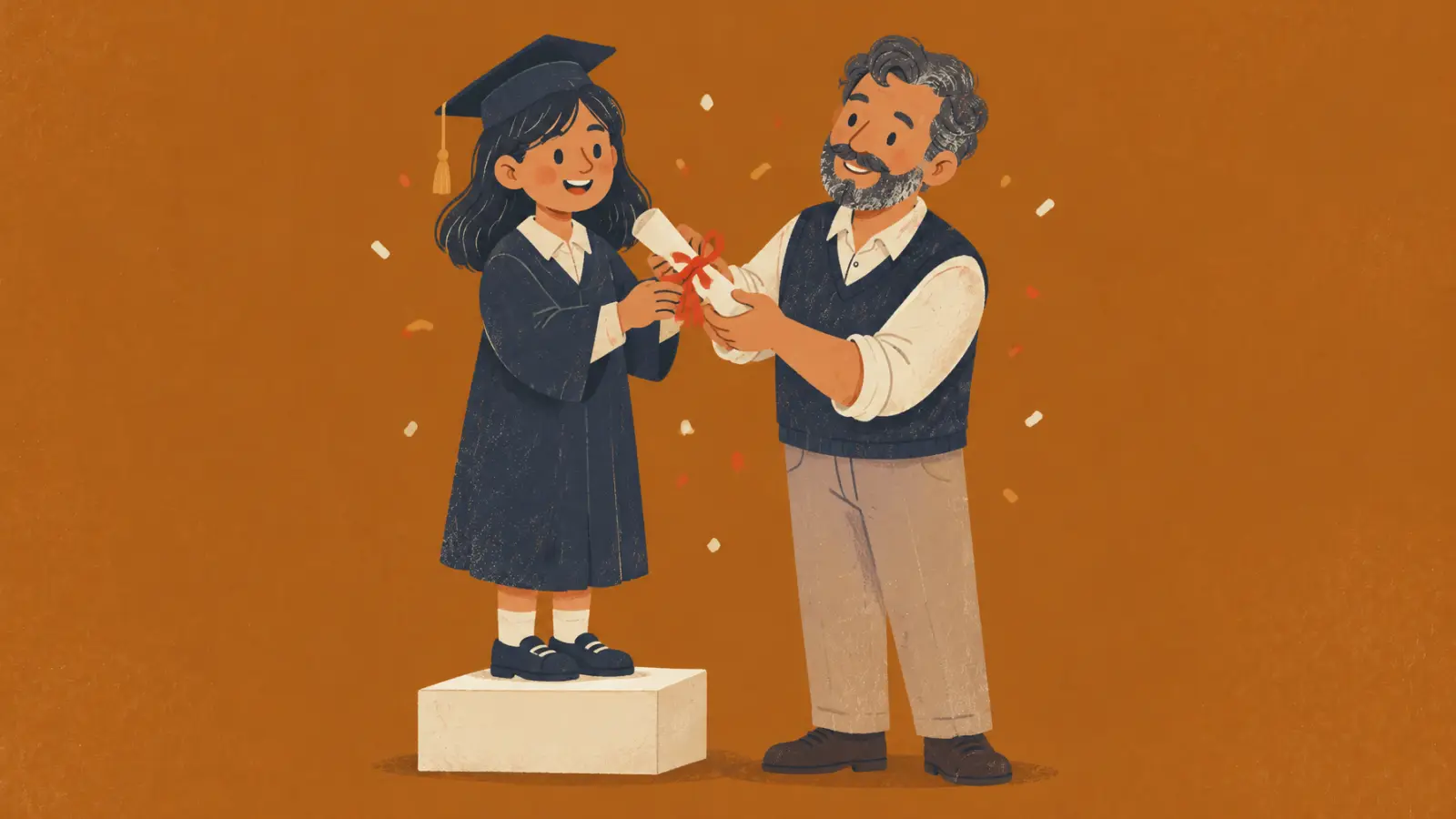 Ilustración pintada de un profe que entrega un diploma a una estudiante orgullosa en un podio, sobre fondo caramelo.