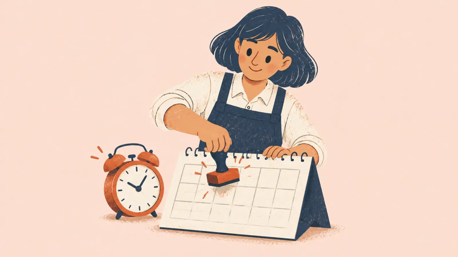 Ilustración pintada de una profe que pone un sello en una hoja de calendario junto a un despertador, sobre fondo melocotón claro.