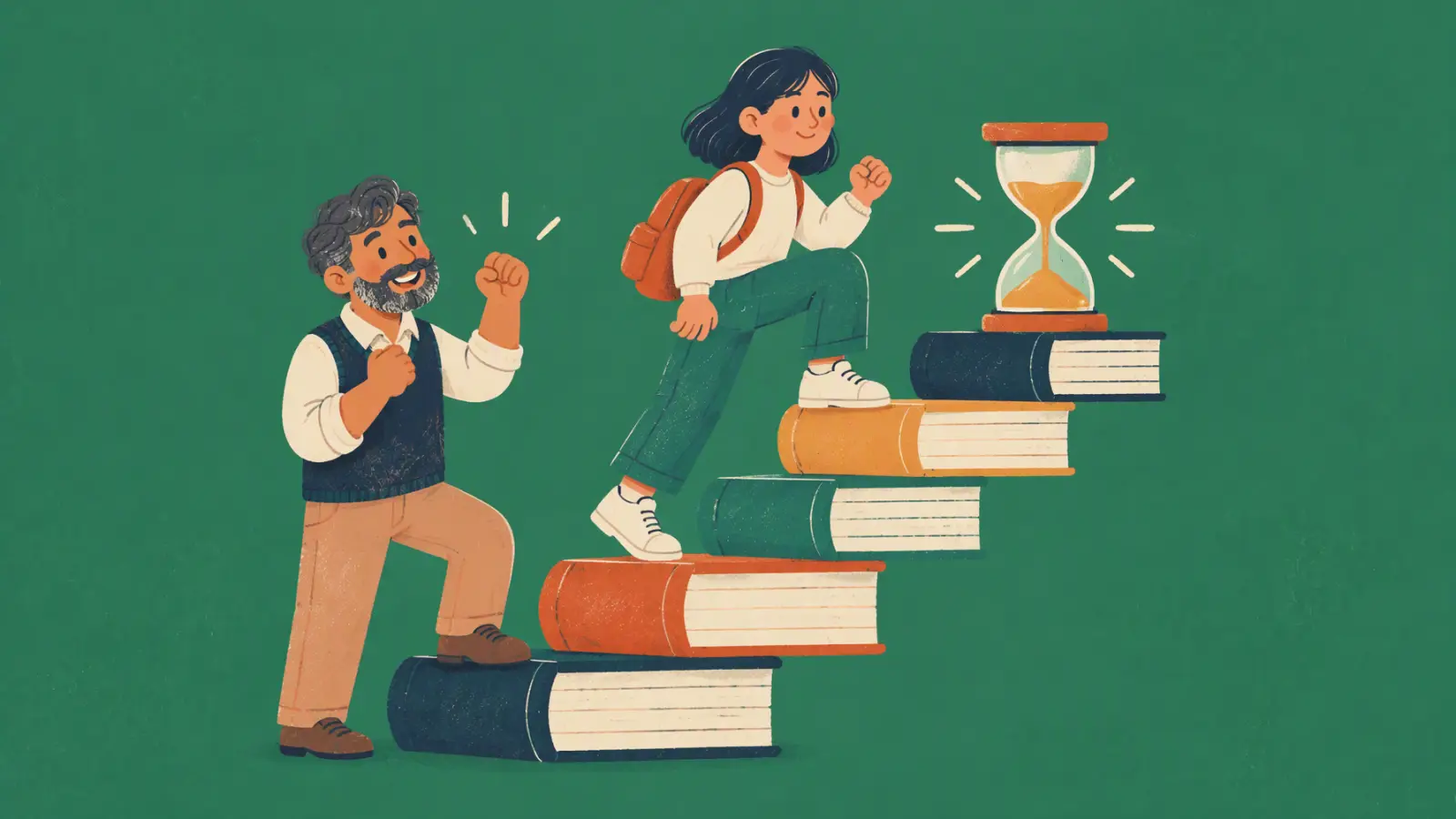 Painted illustration of a student climbing a staircase of books toward an hourglass while a tutor cheers, on a green background.