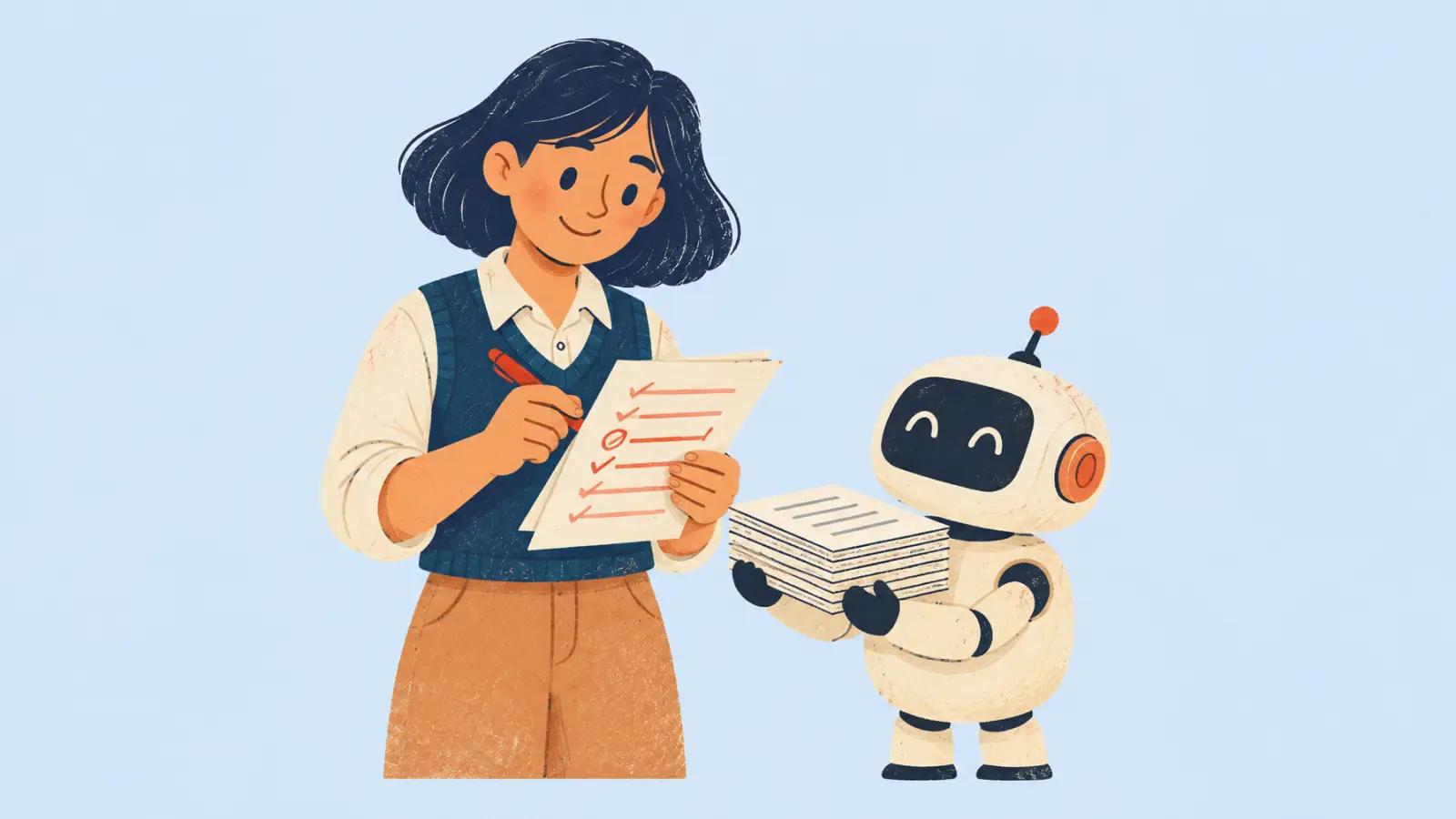 Painted illustration of a tutor with a red pen checking worksheets handed to her by a small friendly robot, on a light blue background.