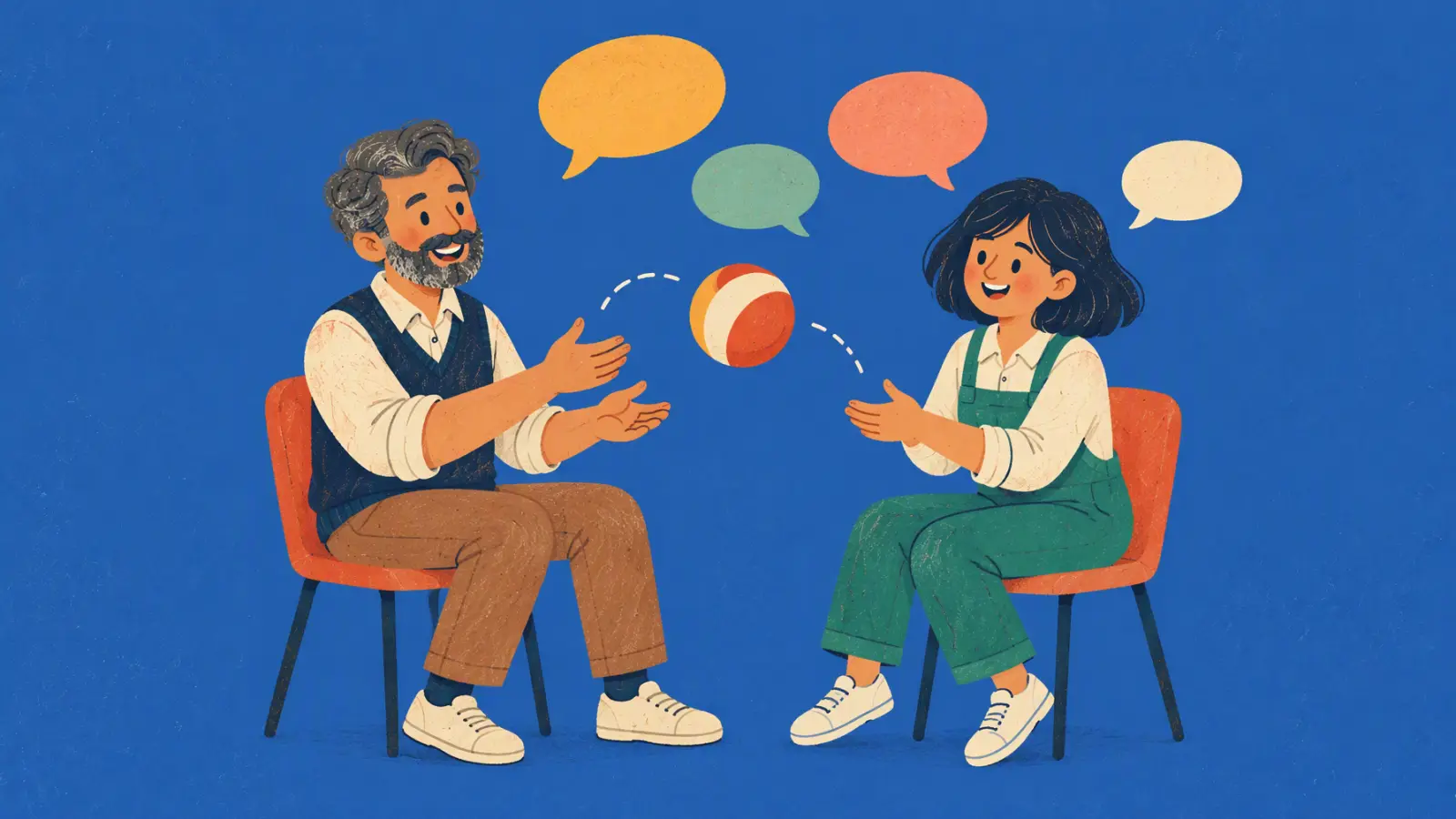 Ilustración pintada de un profe y una estudiante que se pasan una pelota bajo burbujas de diálogo, sobre fondo azul cobalto.