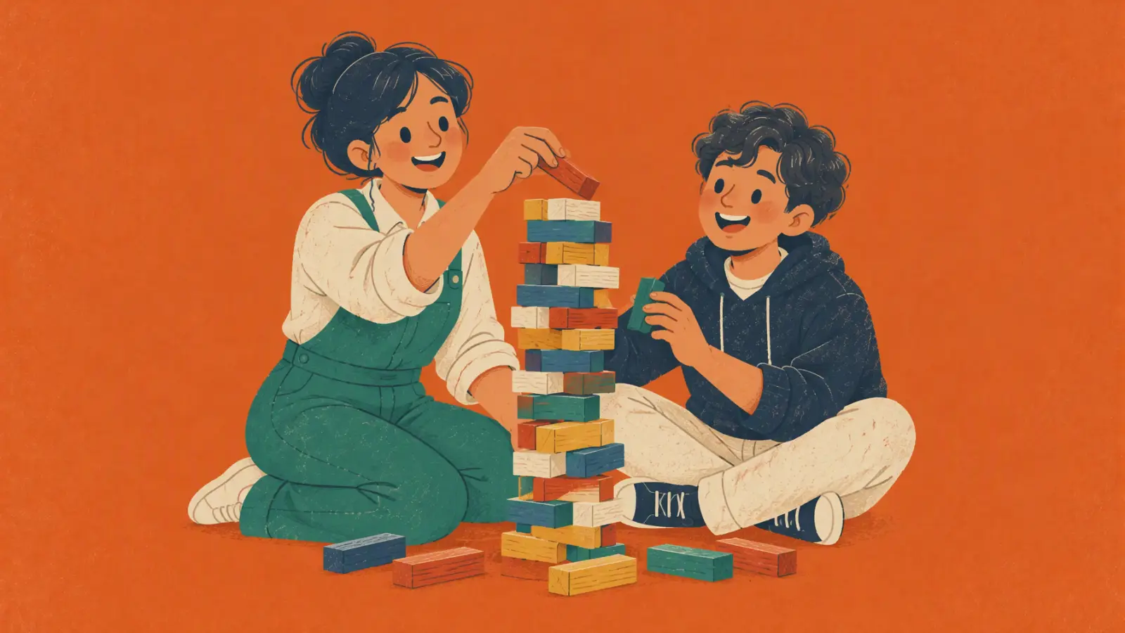 Ilustración pintada de una profe y un estudiante adolescente que construyen juntos una torre de bloques de madera, sobre fondo naranja.