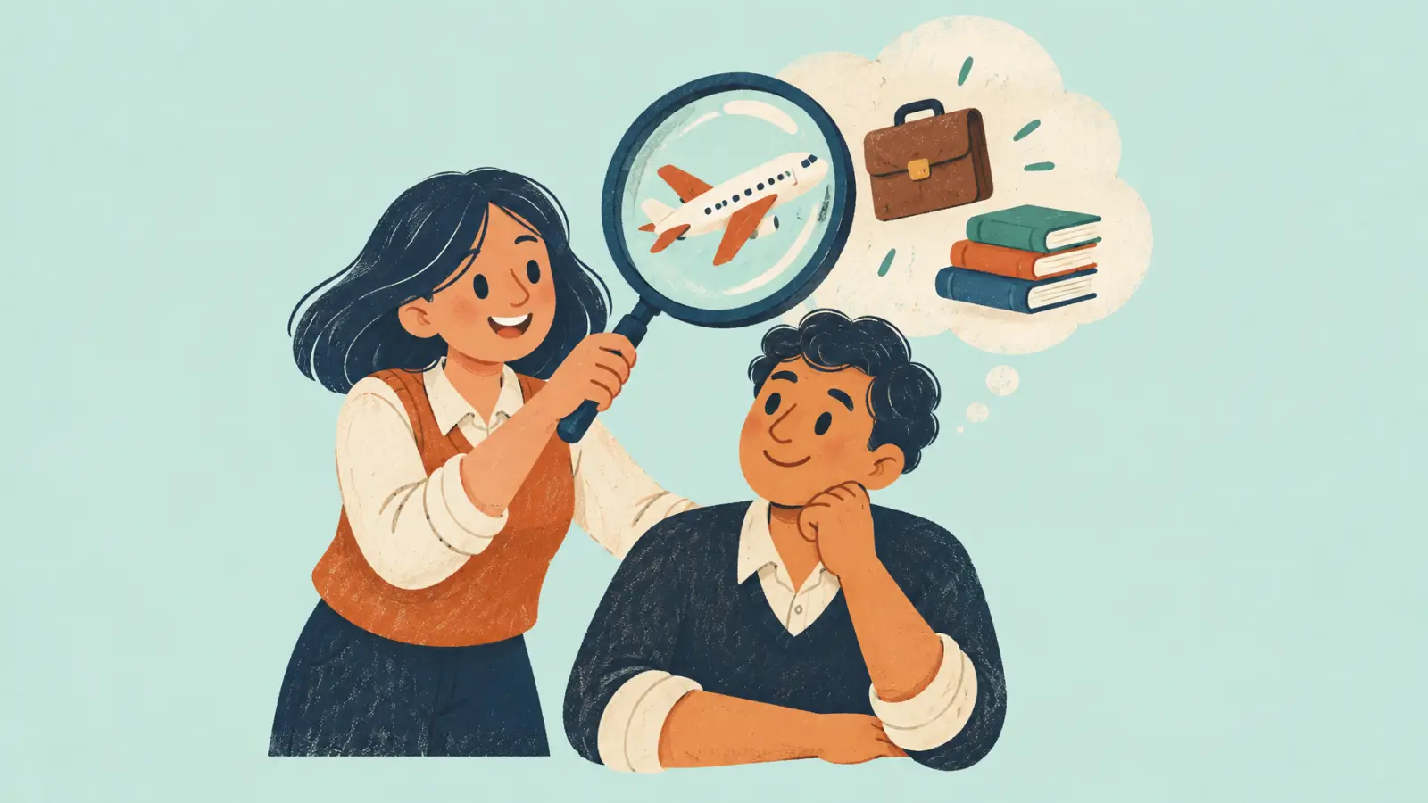 Painted illustration of a tutor looking through a magnifying glass at a student's thought bubble with a plane, a briefcase and books, on a mint background.