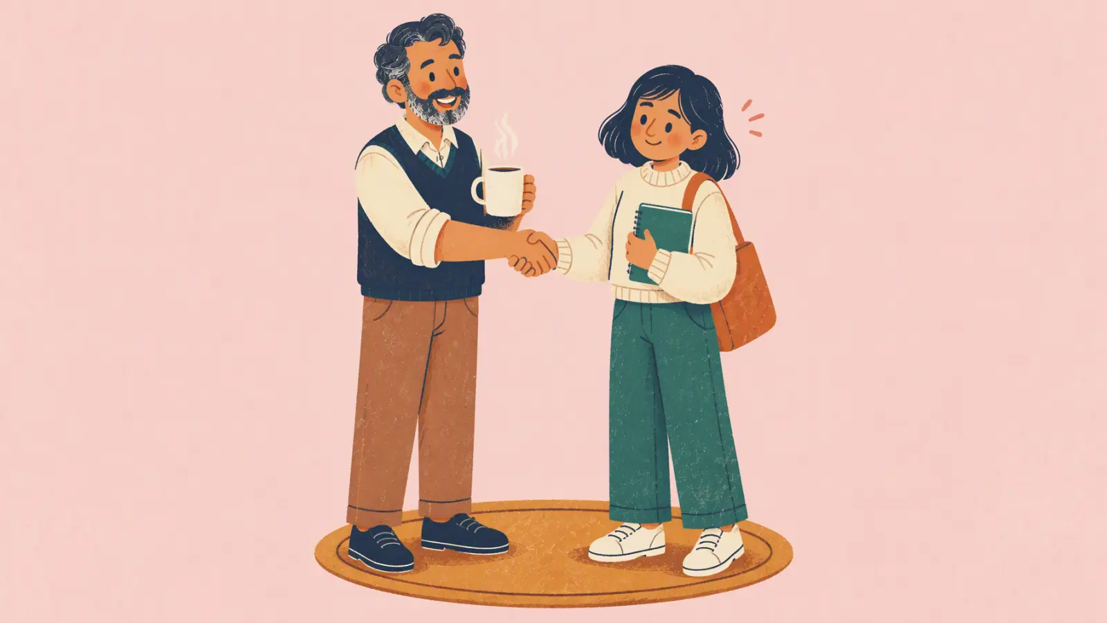 Ilustración pintada de un profe que da la mano a una estudiante nueva sobre un felpudo de bienvenida, sobre fondo rosa suave.