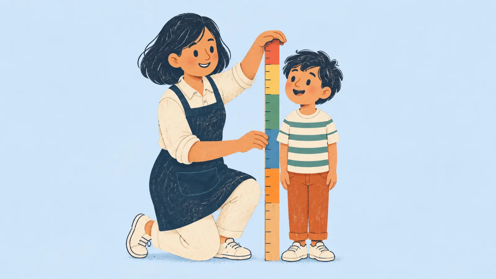 Ilustración pintada de una profe que mide a un estudiante con una regla alta de franjas de colores, sobre fondo azul claro.