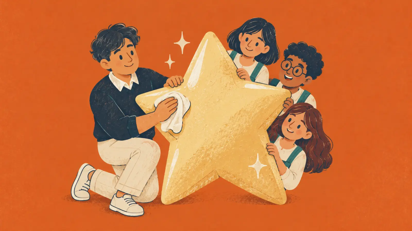 Painted illustration of a tutor polishing a big shining star while students peek out from behind it, on an orange background.