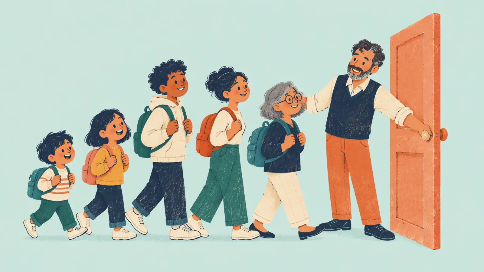 Ilustración pintada de un profe que abre la puerta a estudiantes de todas las edades, sobre fondo menta.
