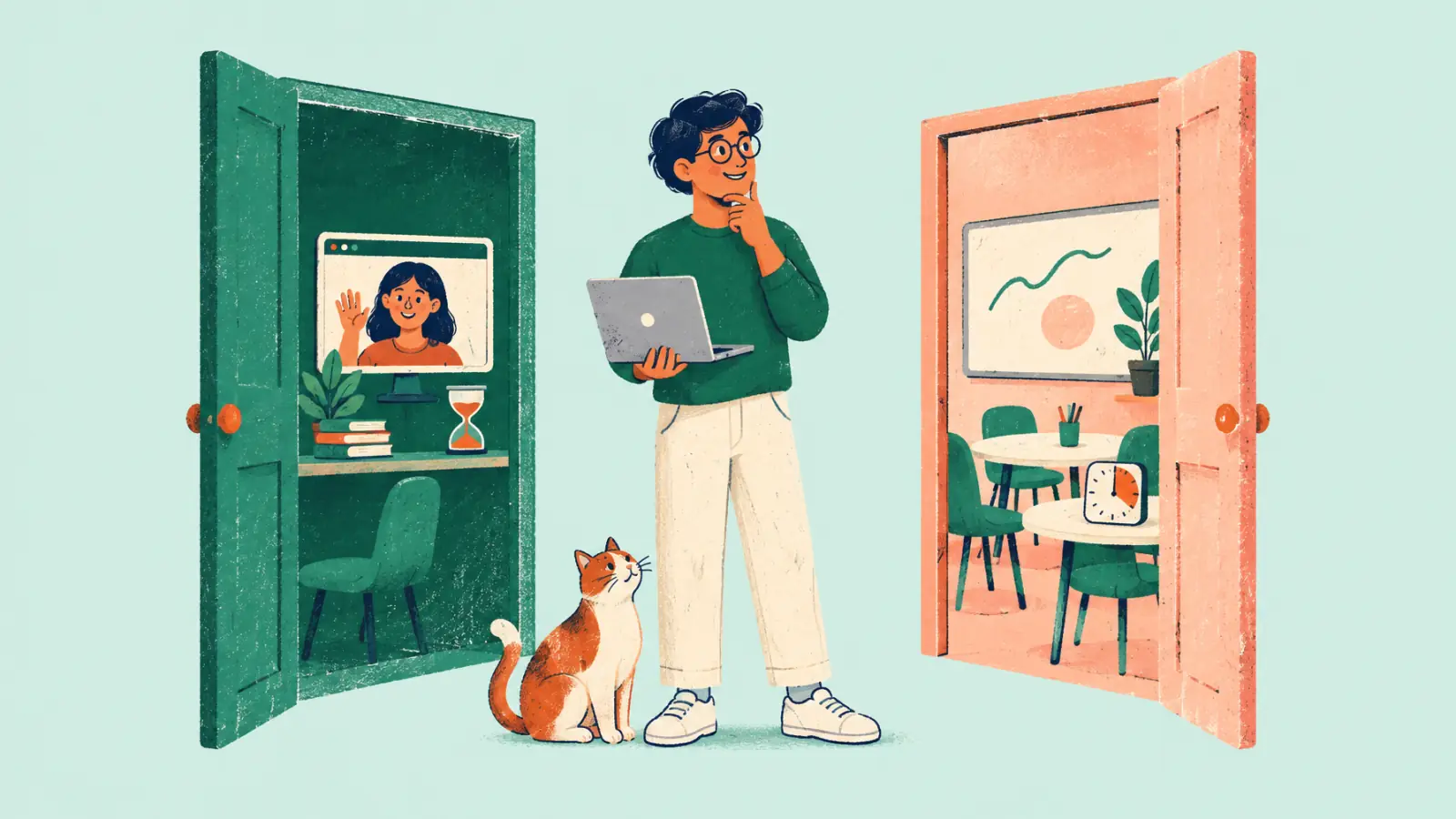Painted illustration of a language teacher with a laptop choosing between two open doors, one with a video call and an hourglass, the other with a whiteboard and group tables, while a cat looks up at him.