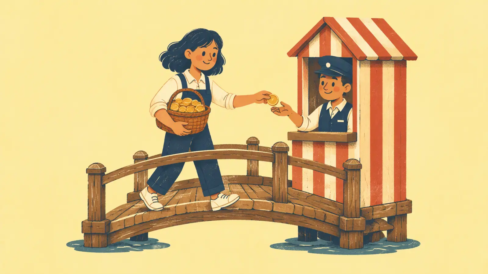 Painted illustration of a tutor carrying a basket of coins over a toll bridge and paying one coin at the booth, on a soft yellow background.