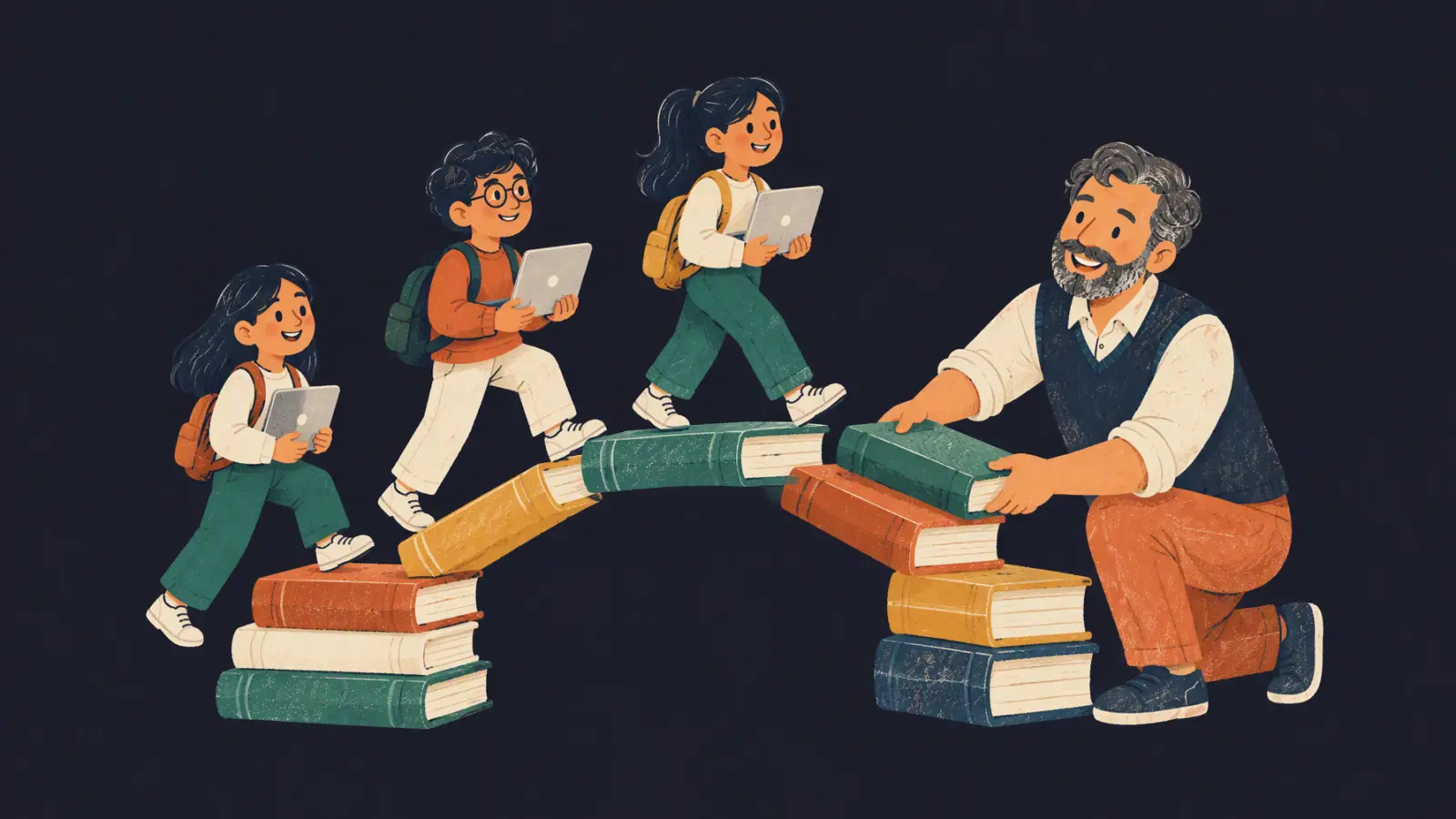Painted illustration of a tutor finishing a bridge of books that small students cross with laptops, on a dark navy background.