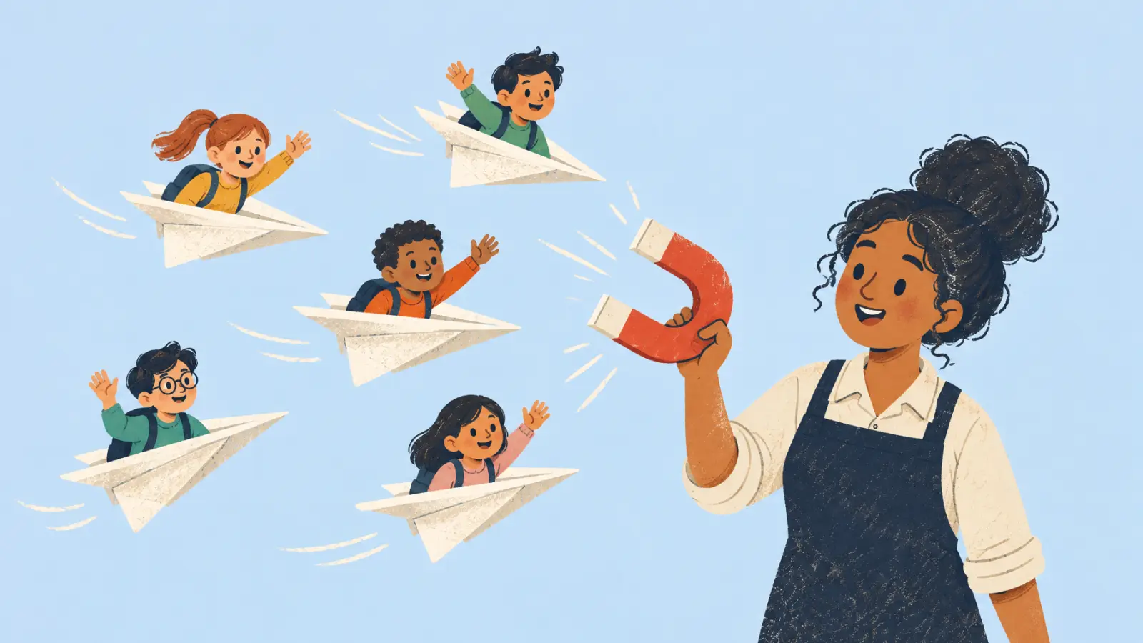 Painted illustration of a tutor holding a big magnet that pulls paper airplanes with waving students toward her, on a light blue background.