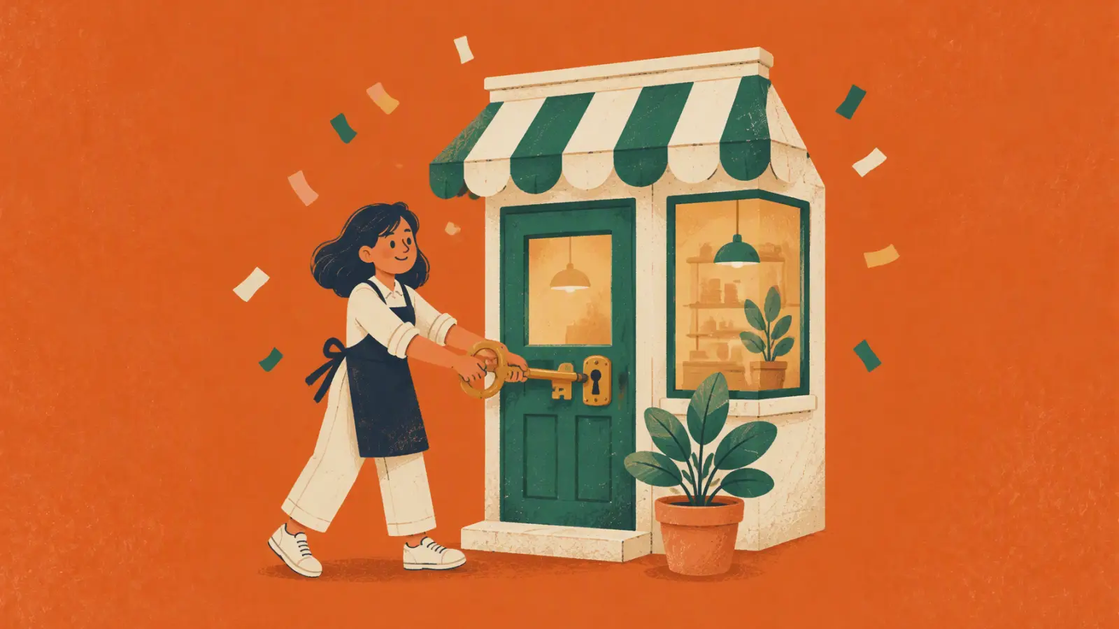 Ilustración pintada de una fundadora que gira una llave gigante en la puerta de una pequeña academia, sobre fondo naranja.