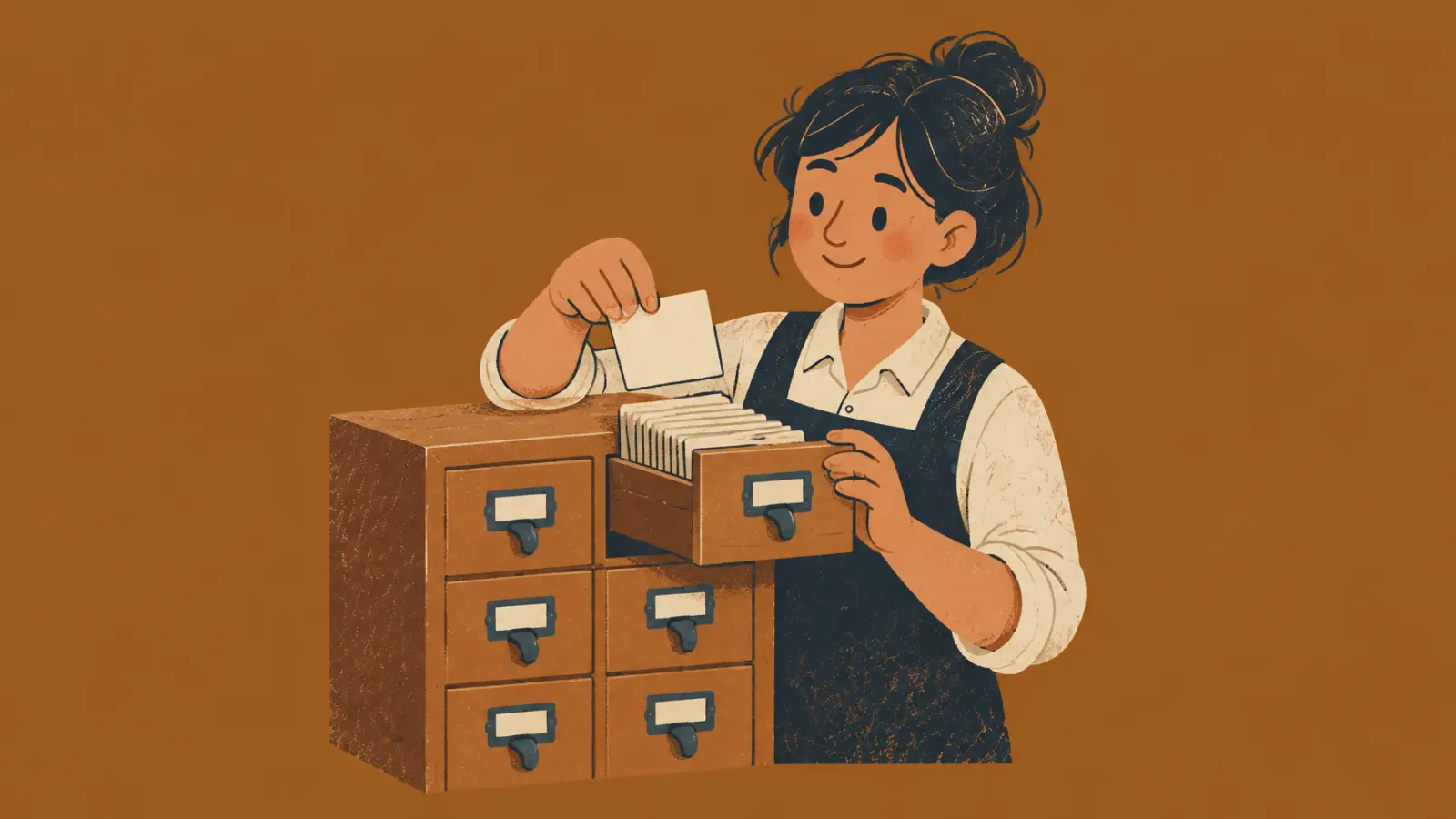 Ilustración pintada de una profe que saca una ficha de un largo cajón de fichero, sobre fondo caramelo.