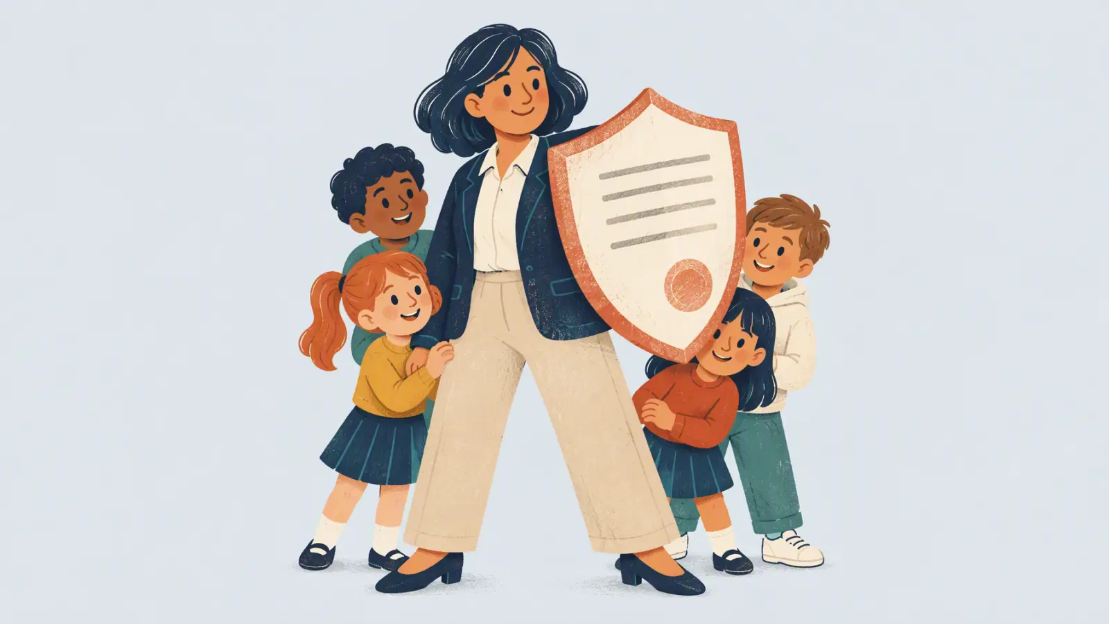 Painted illustration of a director holding a shield made of a stamped document in front of a group of children, on a grey-blue background.