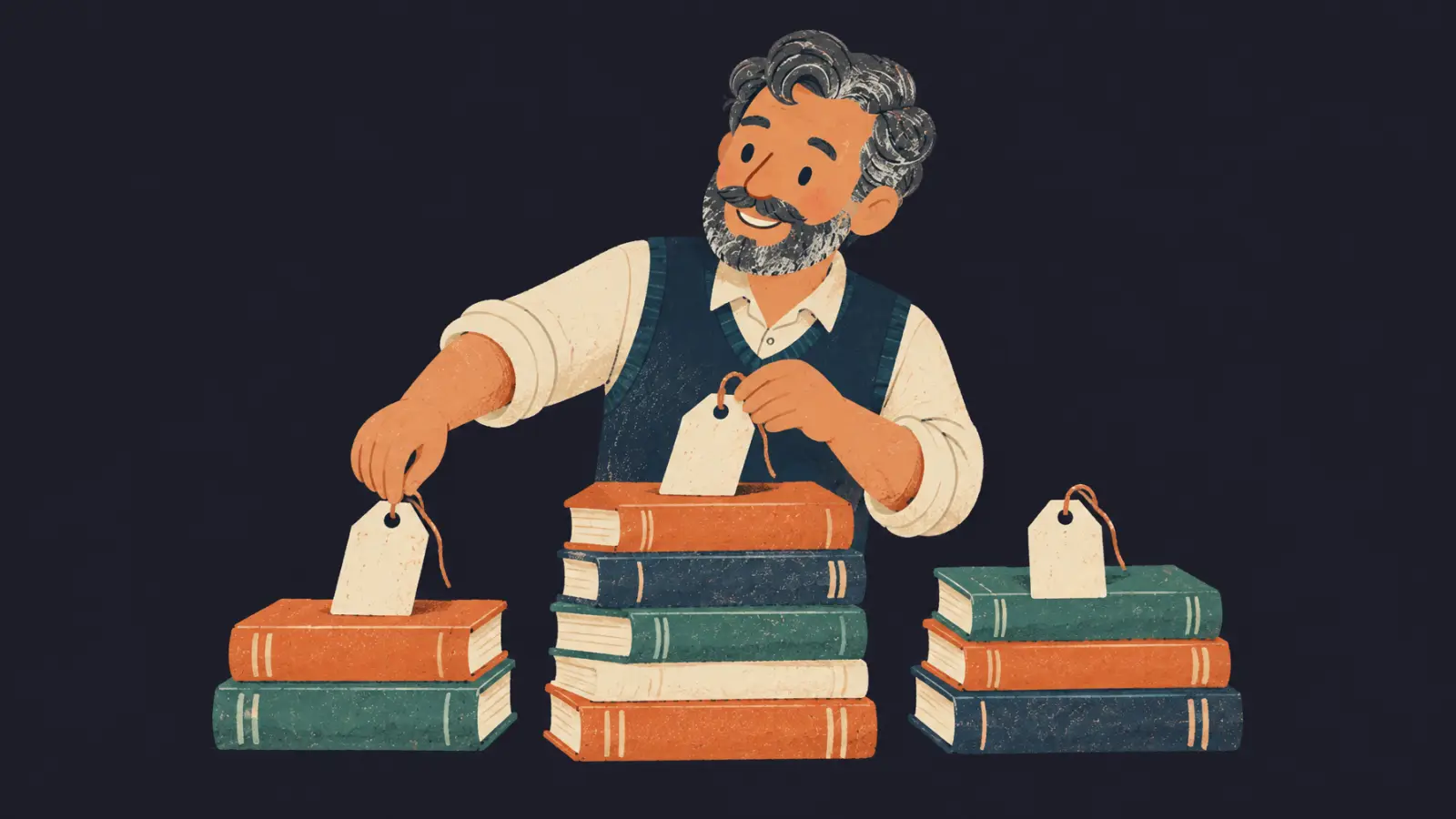 Painted illustration of a director placing price tags on three stacks of books of different heights, on a dark navy background.
