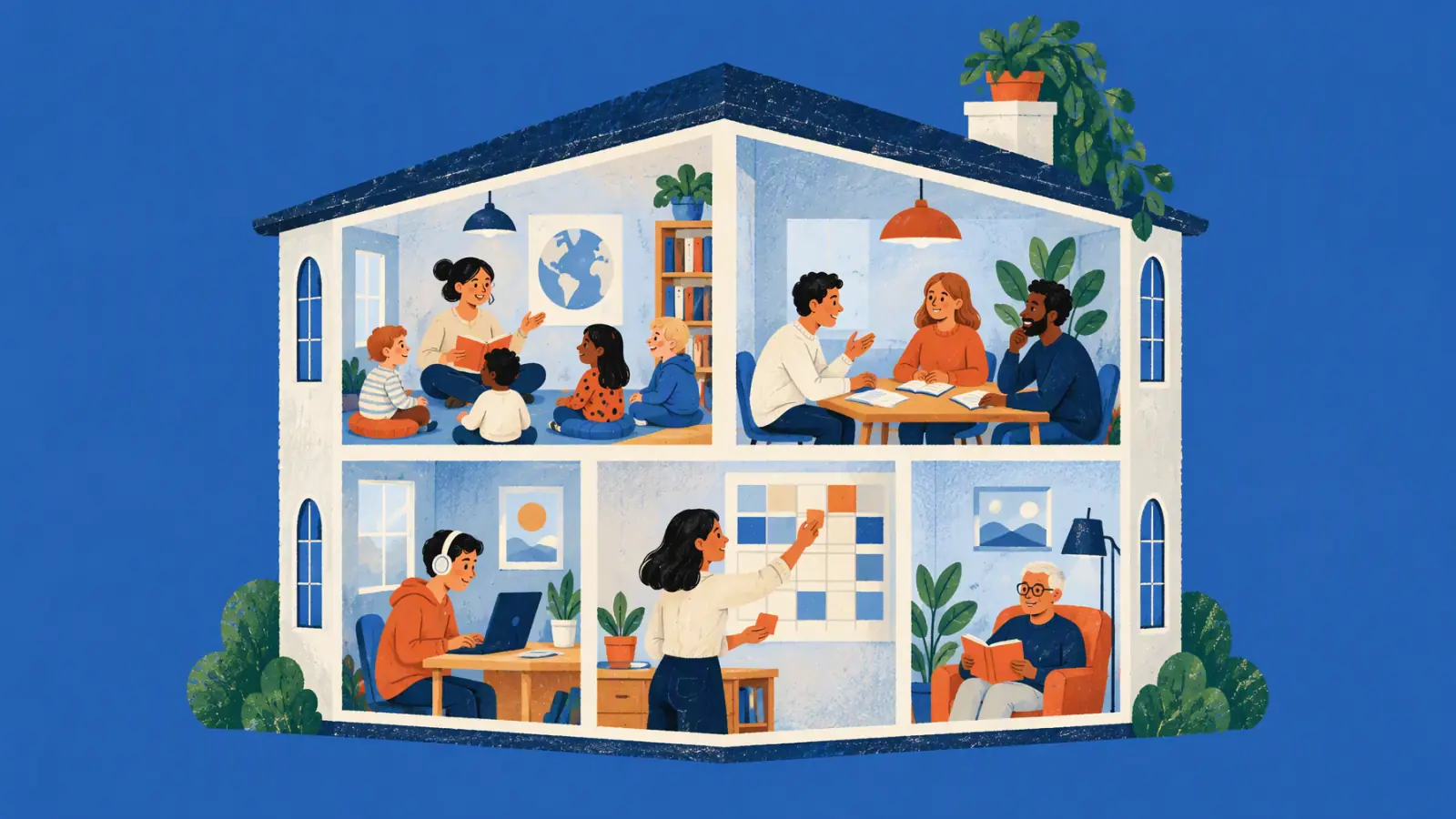 Ilustración pintada de una academia de idiomas pequeña vista como una casa de muñecas en corte, con una clase distinta en cada aula y una coordinadora que mueve bloques en un planificador de pared, sobre fondo azul.