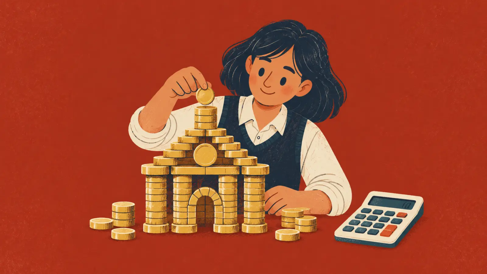 Ilustración pintada de una fundadora que apila monedas hasta formar una pequeña escuela, sobre fondo rojo ladrillo.