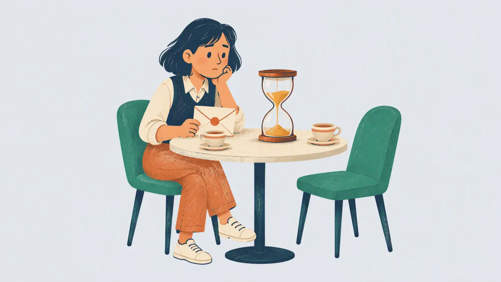 Painted illustration of a tutor at a table set for two with an empty chair, an hourglass and an envelope in her hand, on a grey-blue background.