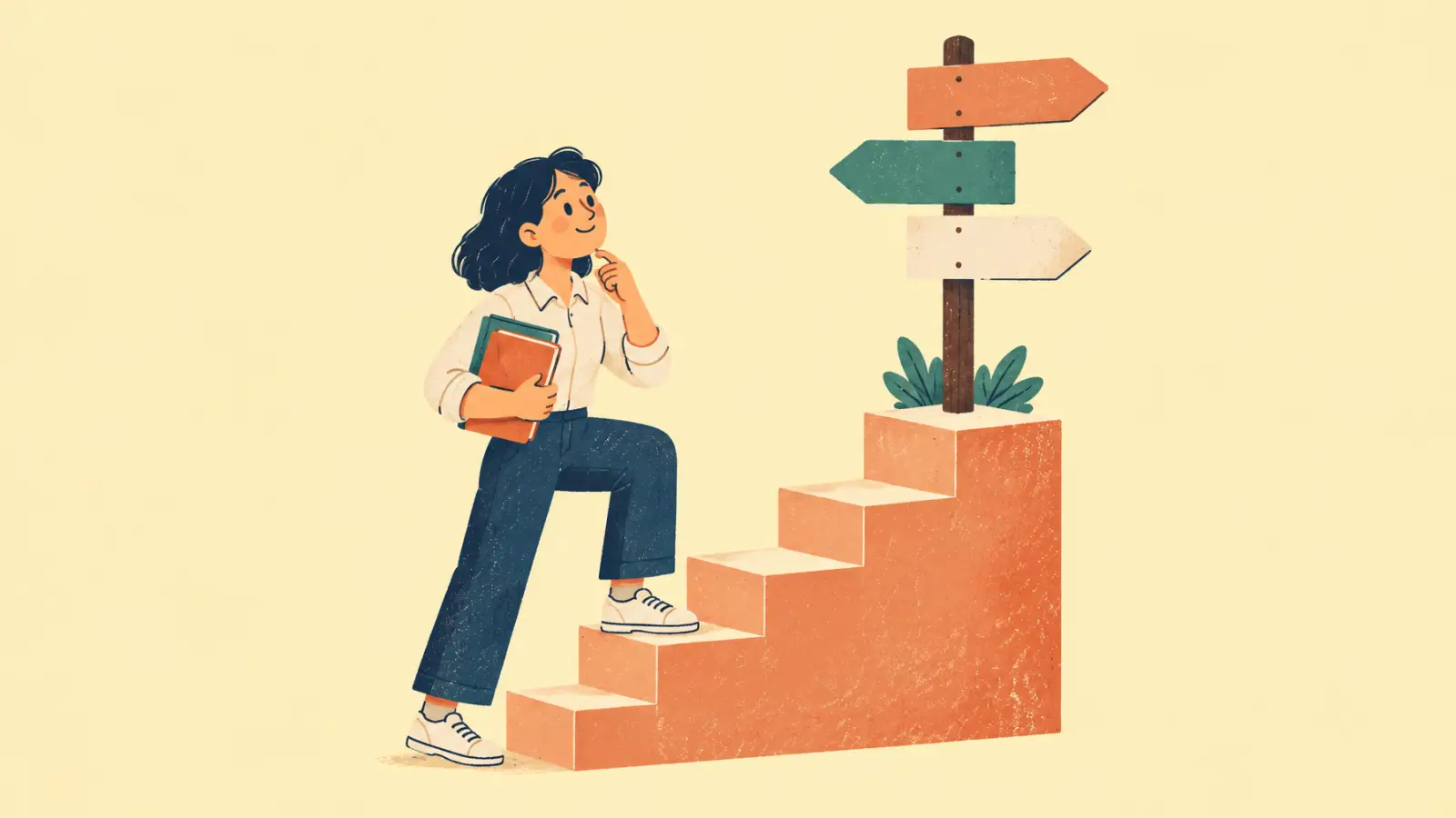 Painted illustration of a tutor on the first step of a growing staircase, looking up at a signpost, on a soft yellow background.