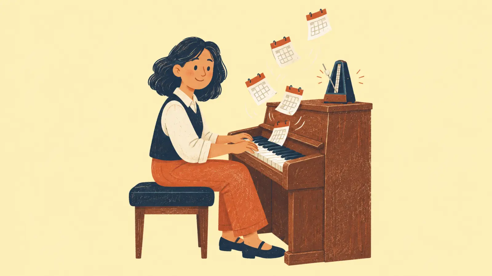 Ilustración pintada de una profe de música al piano con hojas de calendario que suben como notas, sobre fondo amarillo suave.