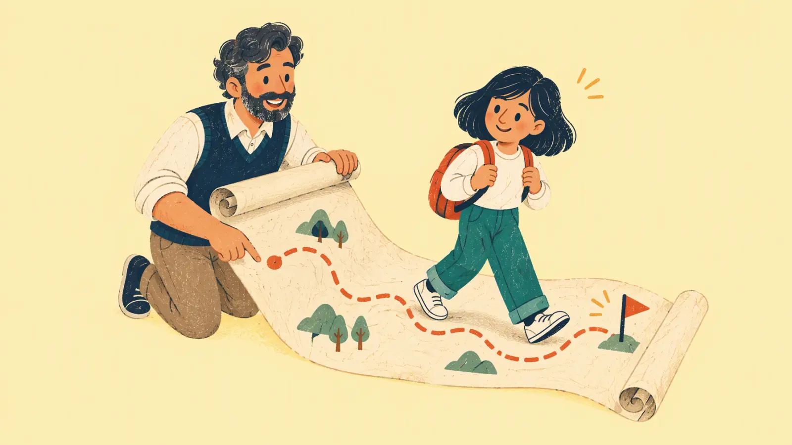 Ilustración pintada de un profe que despliega un mapa de papel con un camino que una estudiante sigue hasta una bandera, sobre fondo amarillo suave.