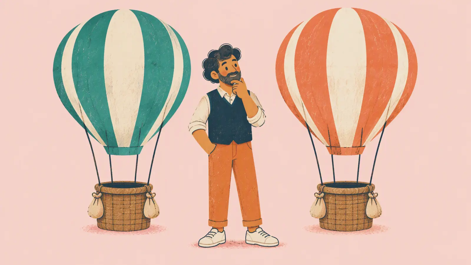 Ilustración pintada de un profe entre dos globos aerostáticos, pensando a cuál subir, sobre fondo rosa suave.