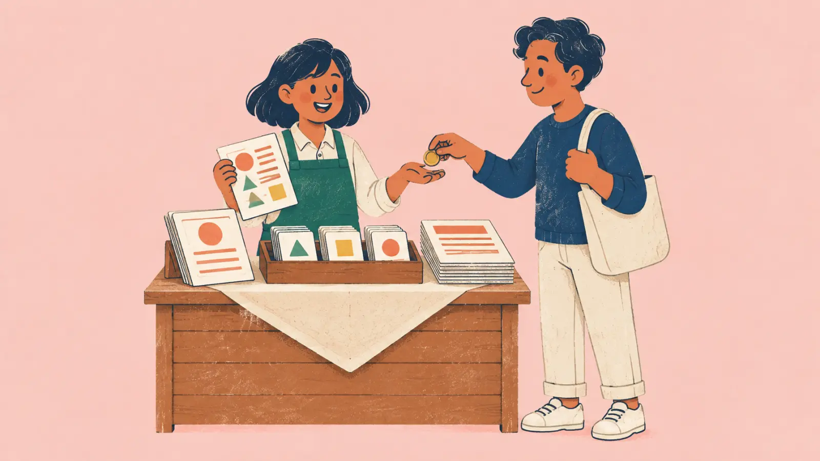 Ilustración pintada de una profe que vende fichas y tarjetas en un pequeño puesto de mercado, sobre fondo rosa suave.