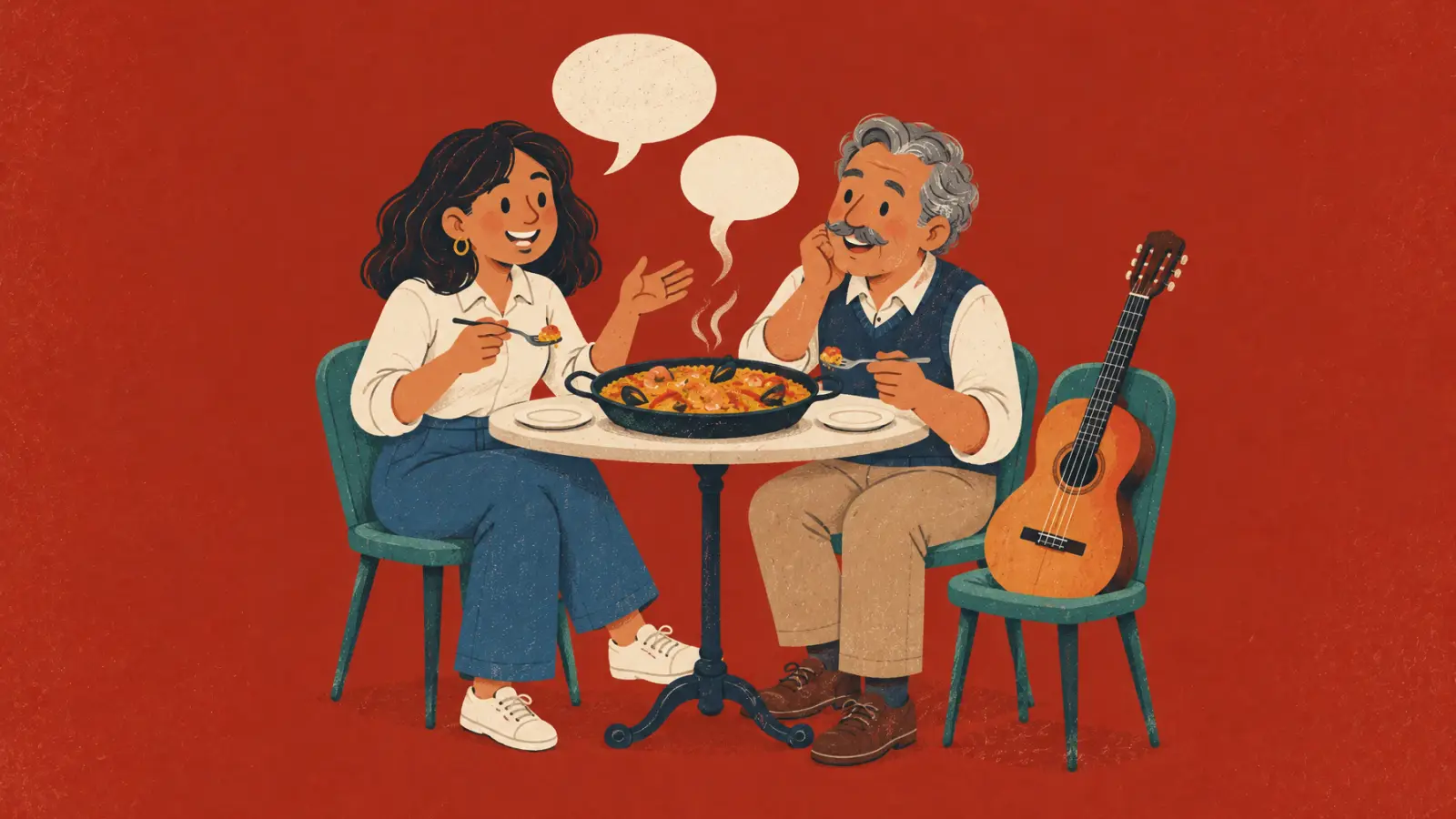 Painted illustration of a tutor and a student chatting at a cafe table with a paella pan and a guitar, on a brick red background.