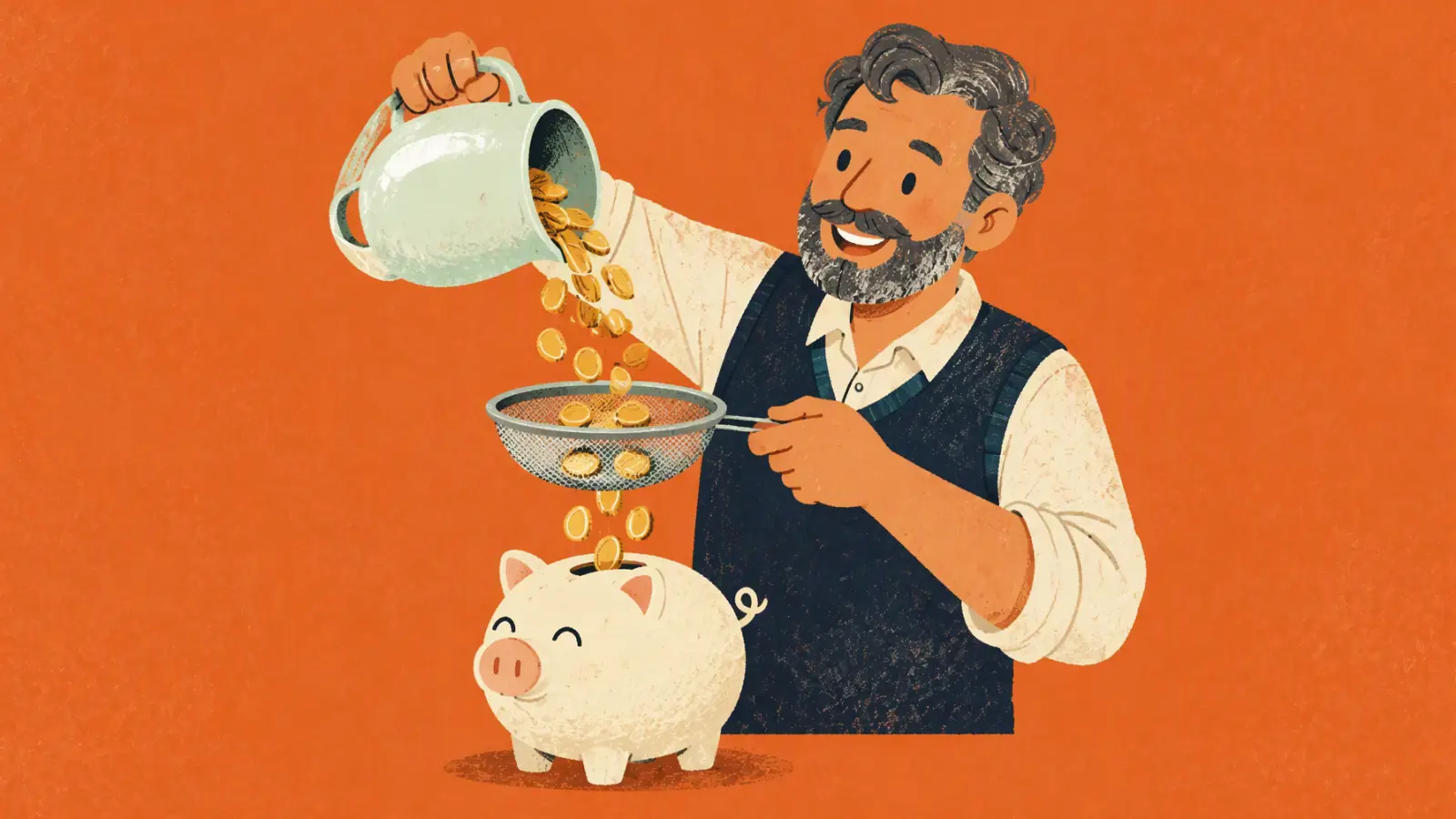 Ilustración pintada de un profe de idiomas sonriente con barba gris que vierte monedas de oro por un colador en una hucha de cerdito, con unas pocas monedas atrapadas en el colador, sobre fondo naranja.
