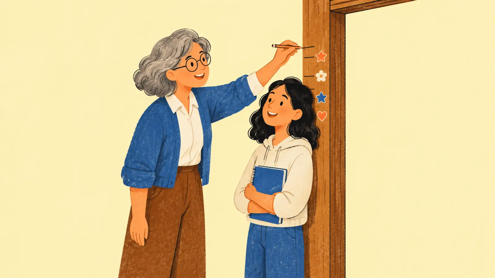 Ilustración pintada de una profe de idiomas mayor que marca la altura de una estudiante en el marco de una puerta, como en casa, con marcas y pegatinas anteriores subiendo por el marco.