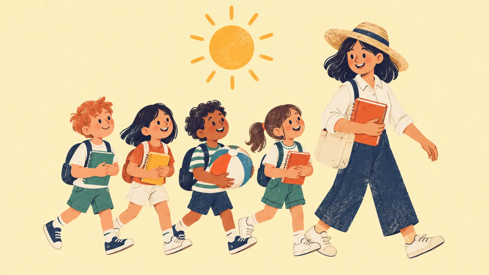Ilustración pintada de una profe con sombrero de paja que guía a una fila de niños con cuadernos y una pelota de playa, sobre fondo amarillo suave.