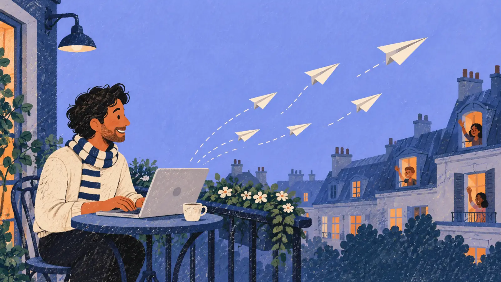 Ilustración pintada de un profe de francés en la mesa de un balcón con su portátil, enviando aviones de papel por encima de los tejados a estudiantes que saludan desde ventanas lejanas.