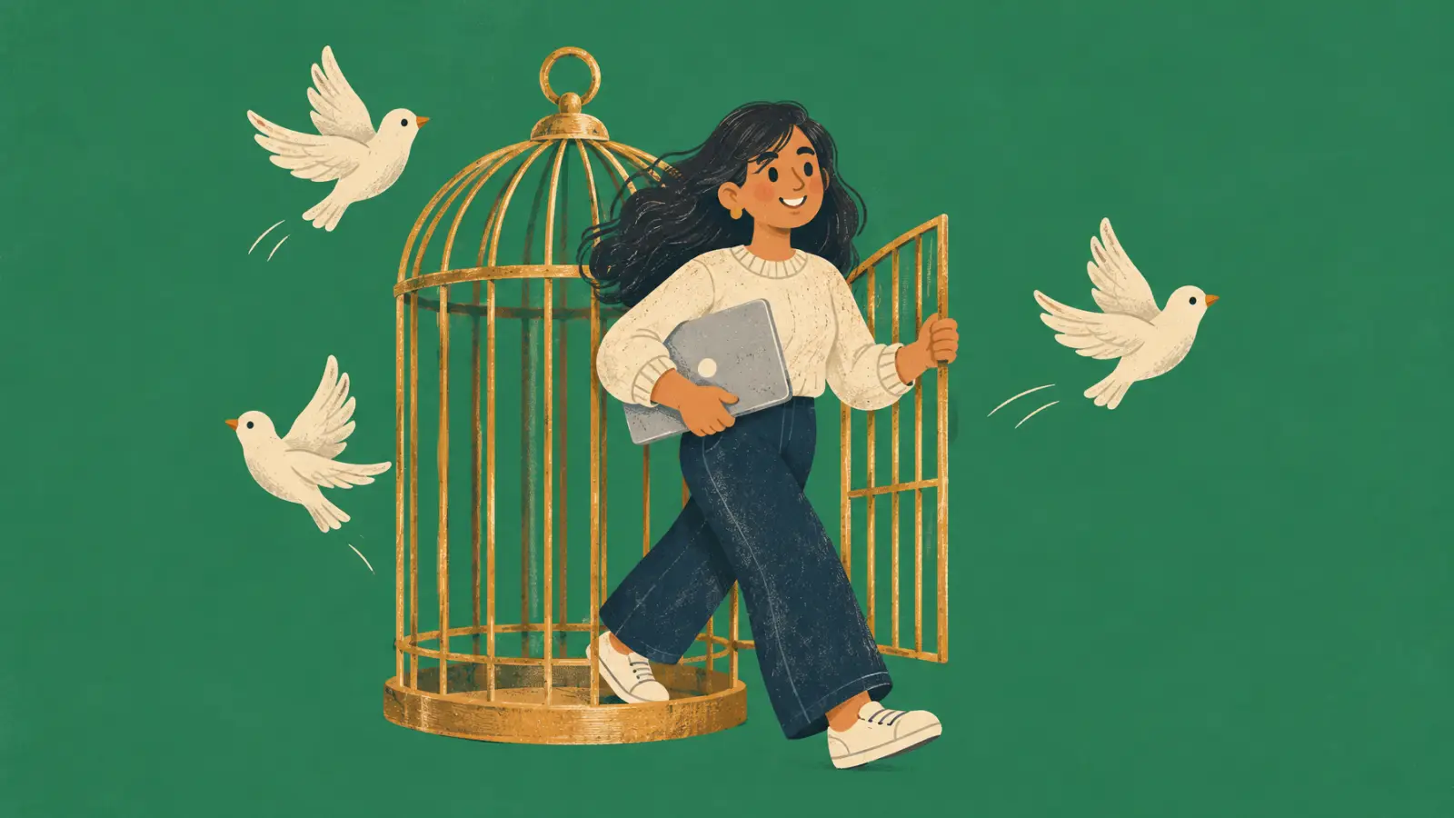 Ilustración pintada de una profe que sale de una jaula abierta con su portátil bajo el brazo, sobre fondo verde.