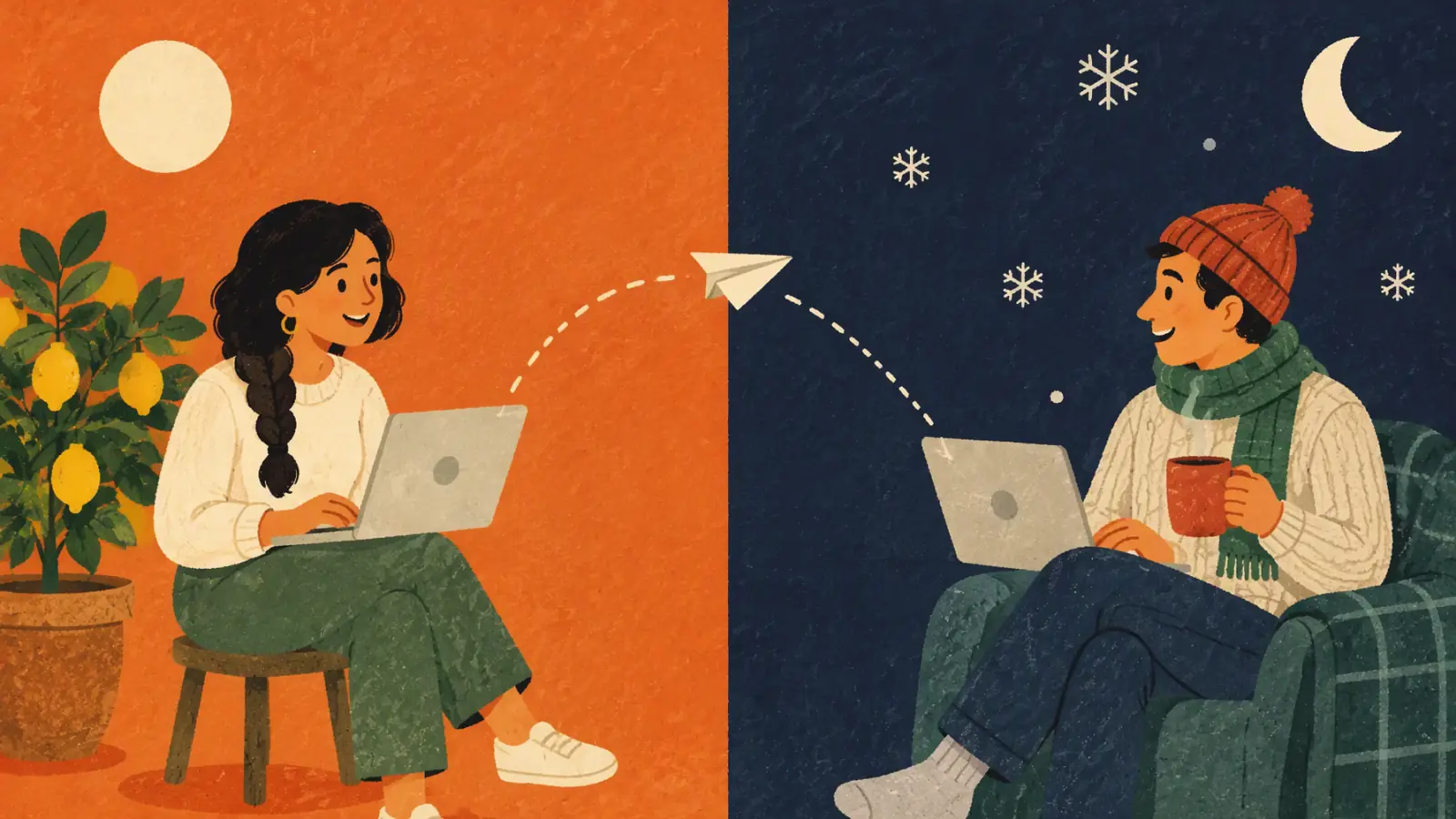 Ilustración pintada partida en dos: una profe de español con su portátil en un lado naranja y soleado junto a un limonero, y un estudiante adulto en una noche de nieve en el otro, unidos por un avión de papel.