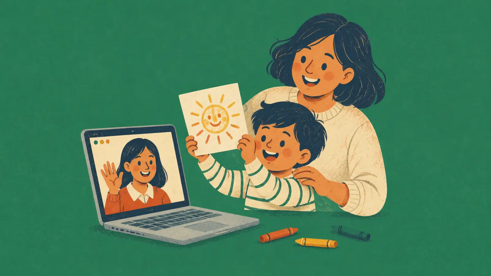 Ilustración pintada de un niño que enseña un dibujo a su profe en la pantalla del portátil mientras su madre mira, sobre fondo verde.