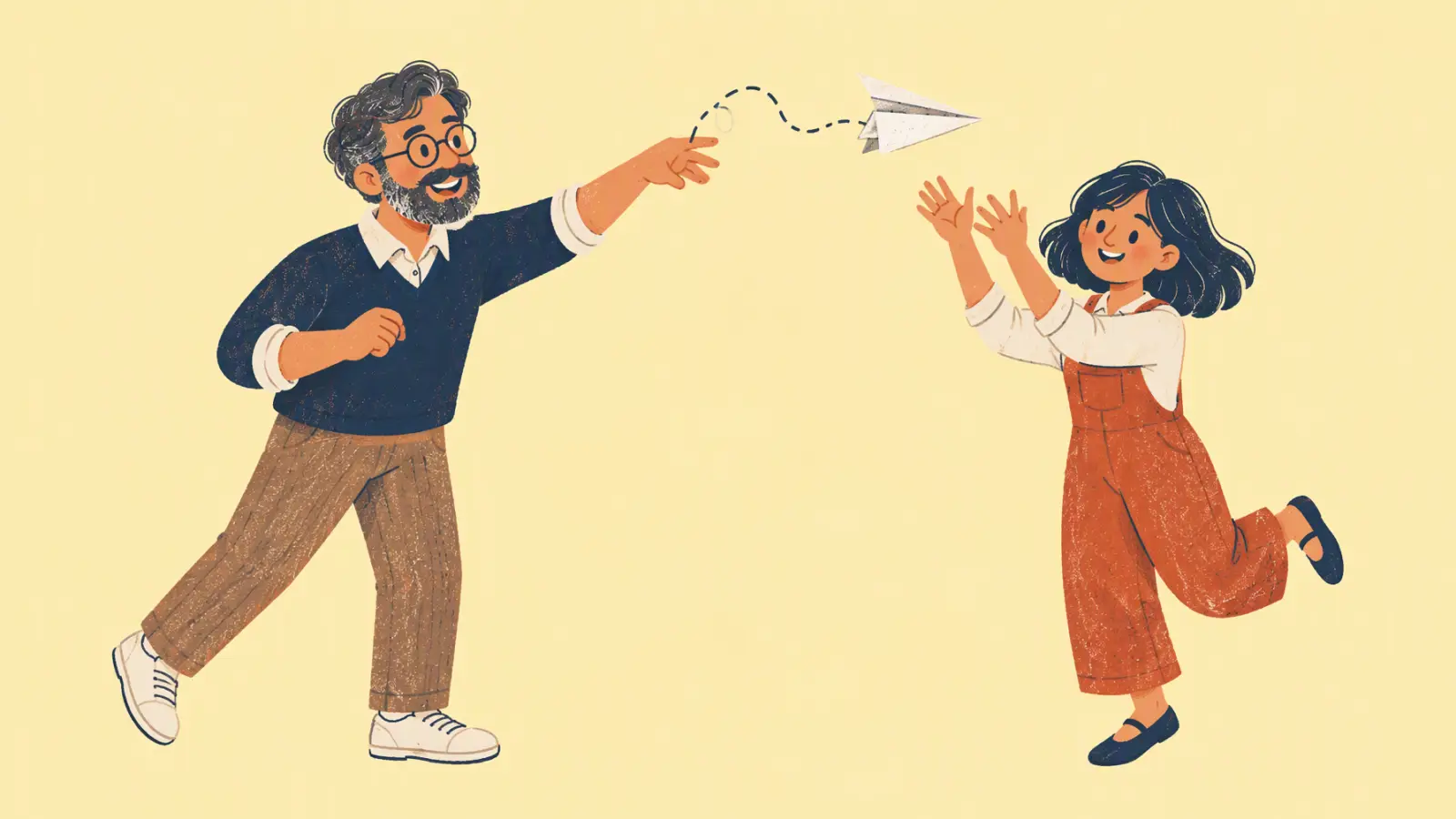 Painted illustration of a tutor throwing a paper airplane note to a smiling student who reaches up to catch it, on a soft yellow background.