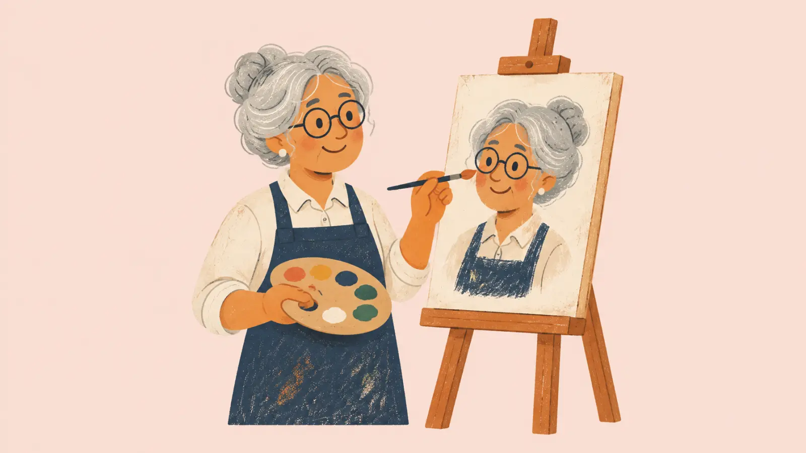 Painted illustration of a tutor painting her own portrait on an easel, on a pale peach background.