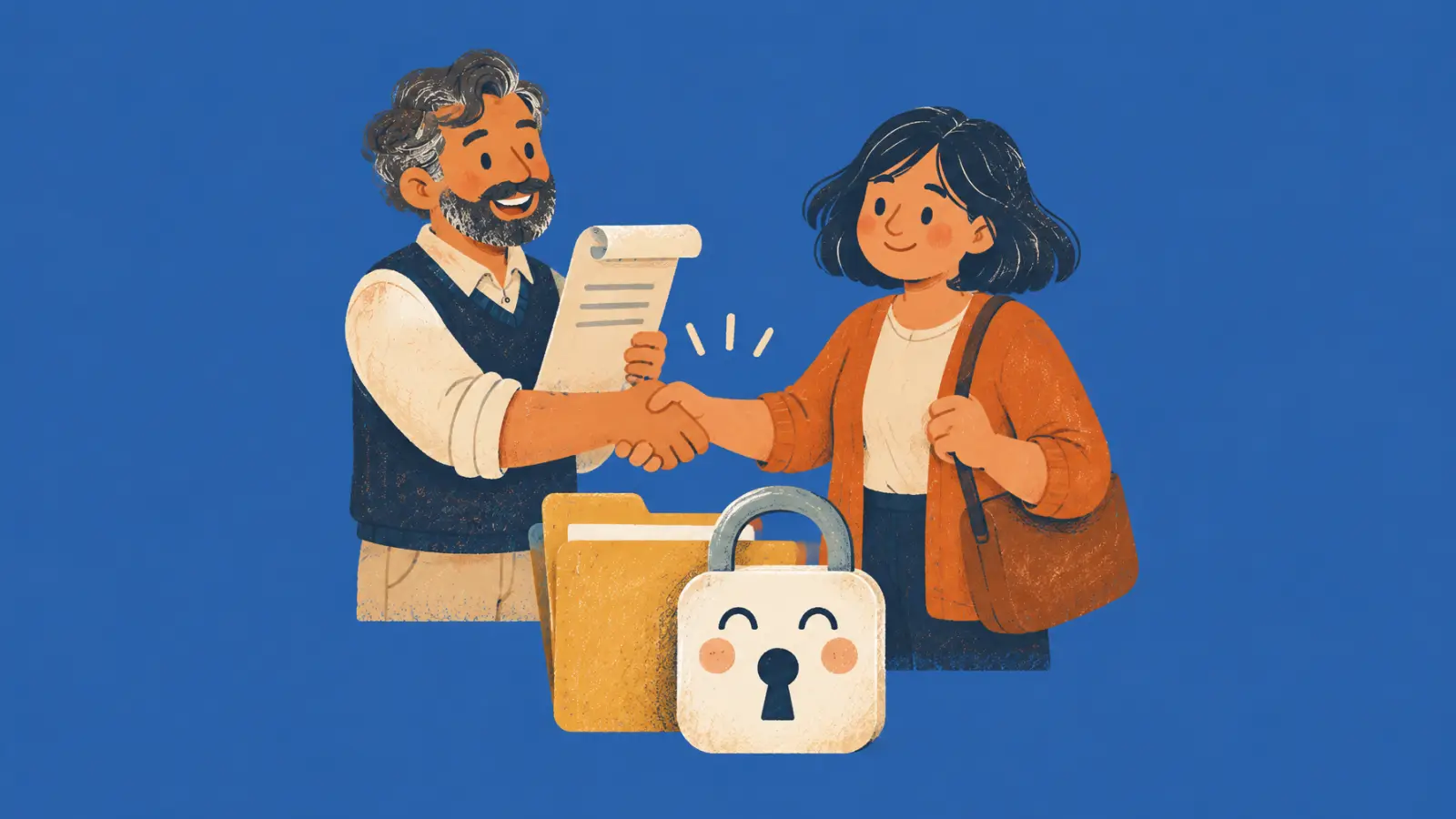 Ilustración pintada de un profe y una madre que se dan la mano sobre un acuerdo corto, con un candado grande que guarda una carpeta, sobre fondo azul cobalto.