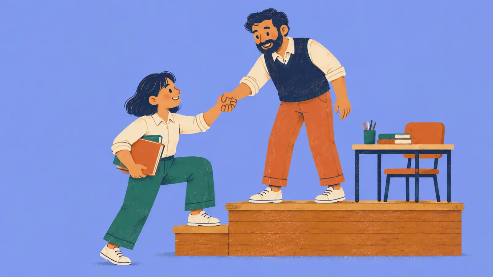 Ilustración pintada de un profe que ayuda a otra profe a subir a una tarima con un escritorio, sobre fondo azul lavanda.