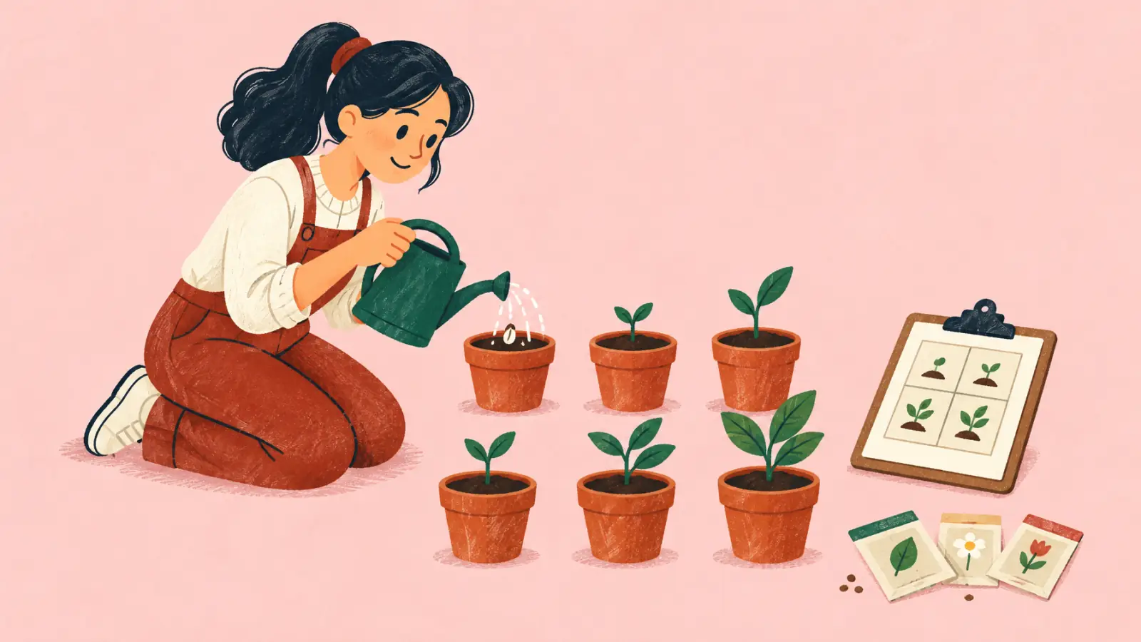 Ilustración pintada de una profe de idiomas que riega seis macetas colocadas en cuadrícula, cada plantita en una fase distinta, junto a un portapapeles con un plan sencillo y sobres de semillas.