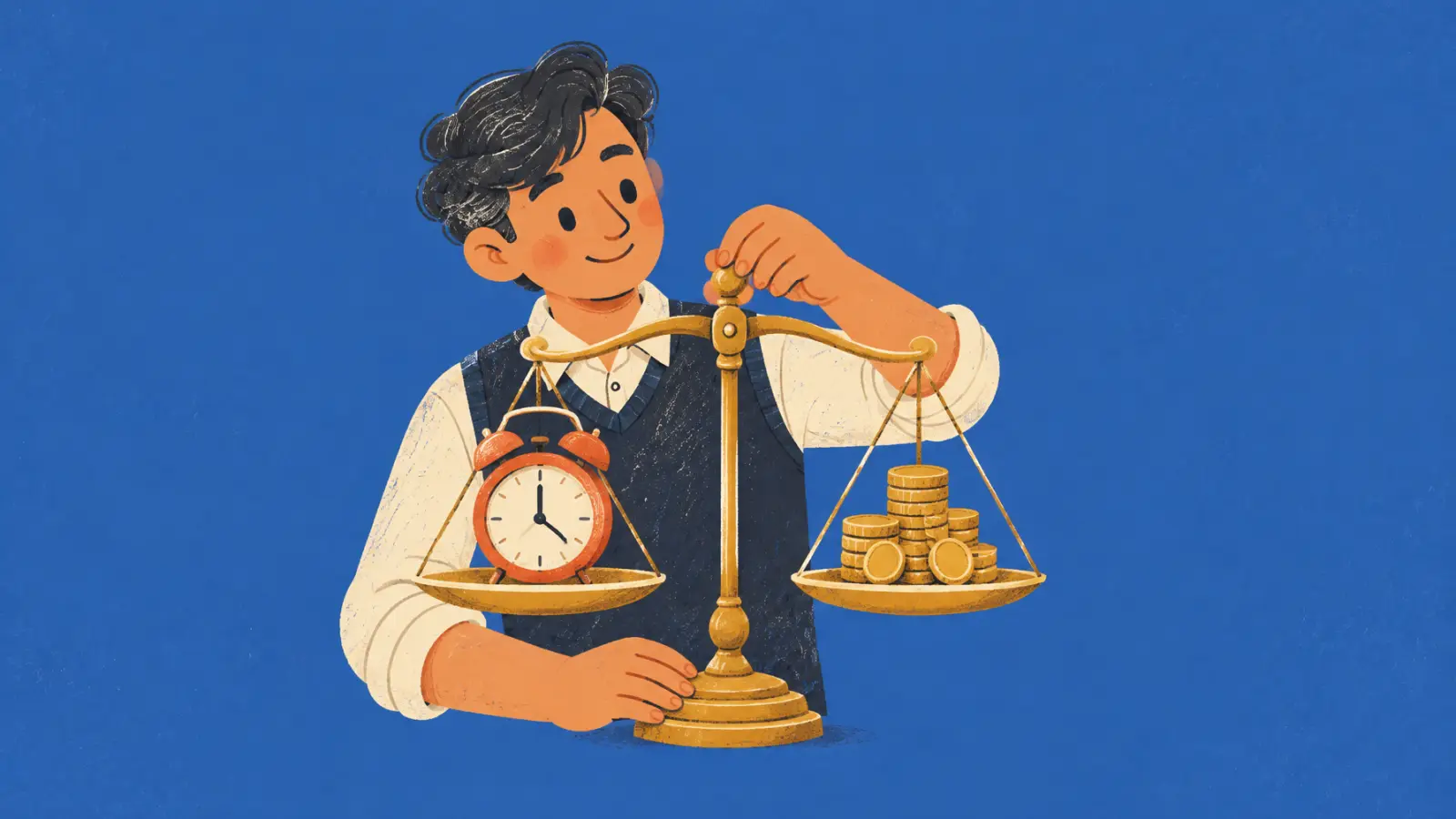 Ilustración pintada de un profe que equilibra un despertador y una pila de monedas en una balanza, sobre fondo azul cobalto.