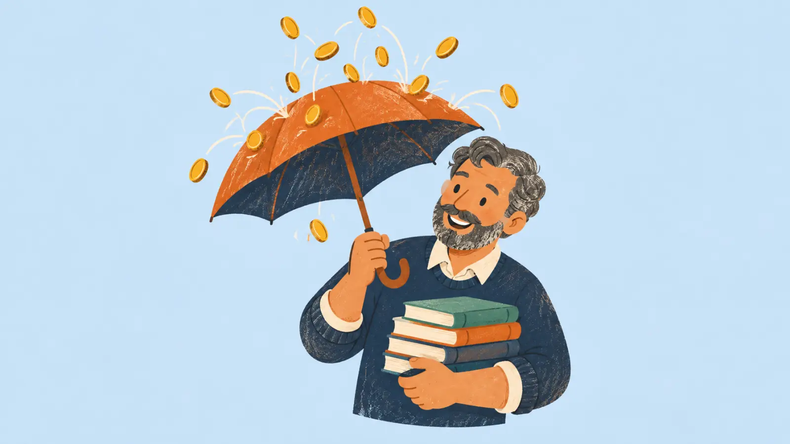 Ilustración pintada de un profe que protege sus libros con un paraguas mientras rebotan monedas como lluvia, sobre fondo azul claro.