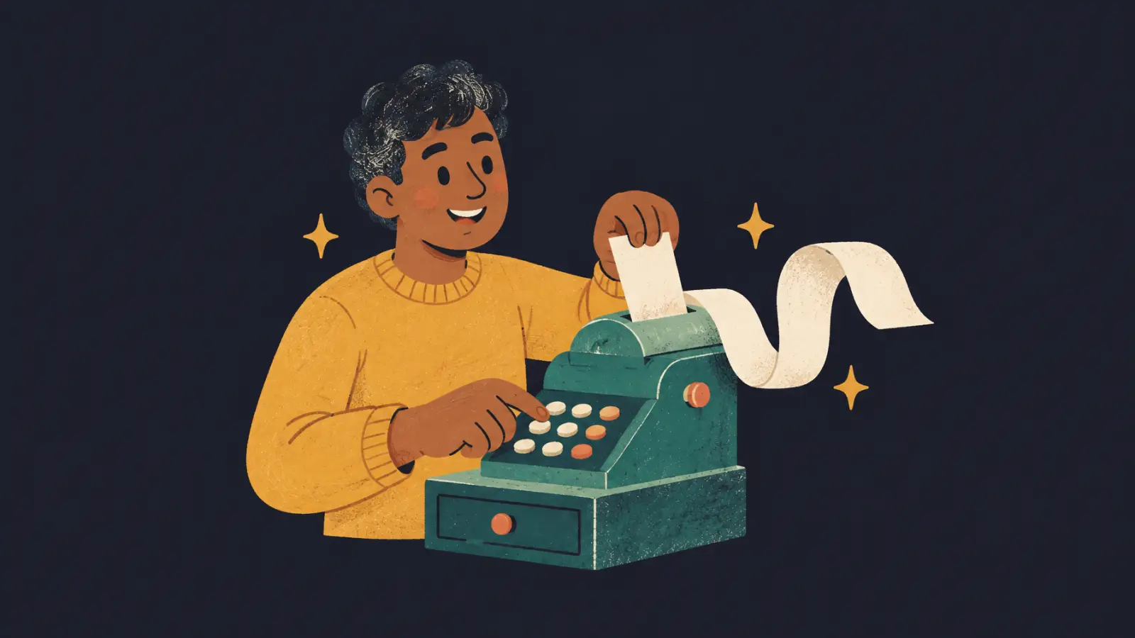 Painted illustration of a tutor feeding a sheet into a vintage cash register that prints a long receipt, on a dark navy background.