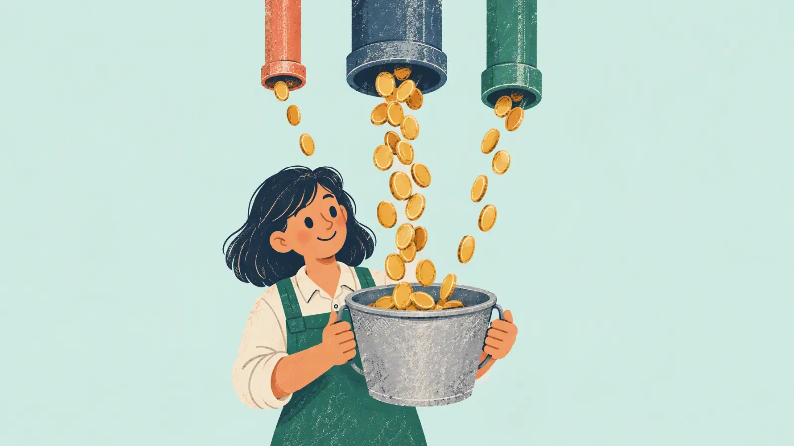 Painted illustration of a tutor holding a bucket under three pipes that pour coins at different speeds, on a mint background.