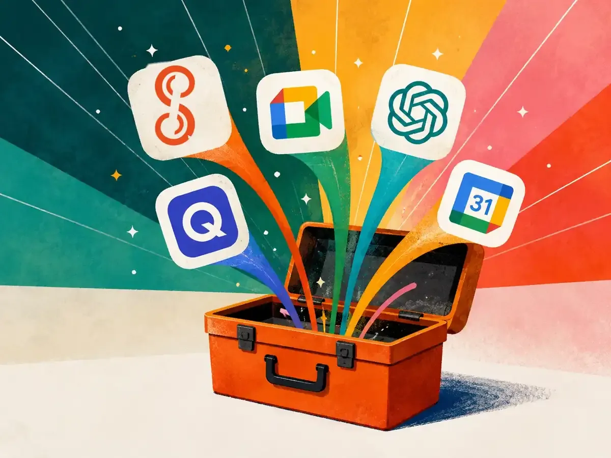 A toolbox with digital tools coming out of it